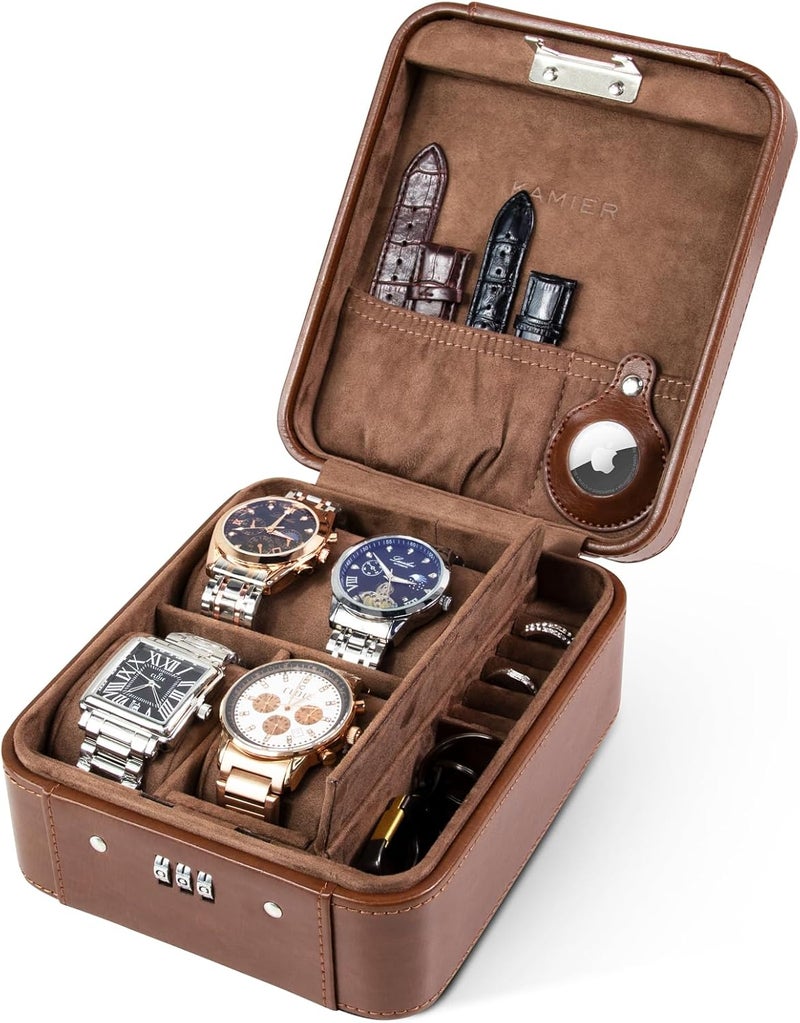 KAMIER Watch Case with Combination Lock - 4 Watch Storage and Jewelry Organizer - Watch Travel Case for Ring and Watch Storage, PU Leather Travel Watch Case, Ideal for Gift (With Gift Box), Brown - Image 1